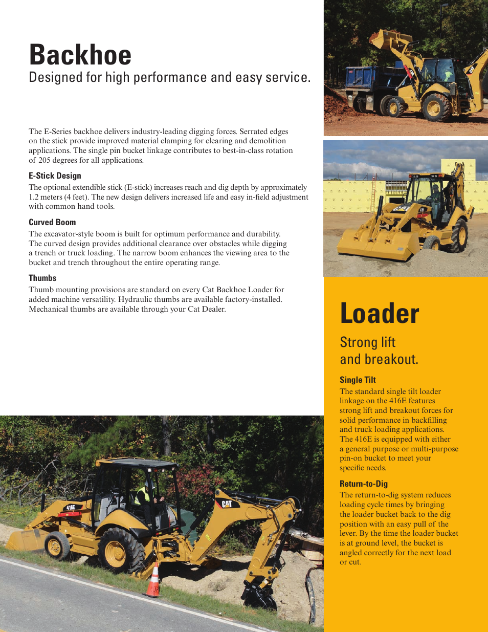Backhoe, Loader, Designed for high performance and easy service | Strong lift and breakout | Milton CAT 416E User Manual | Page 6 / 20