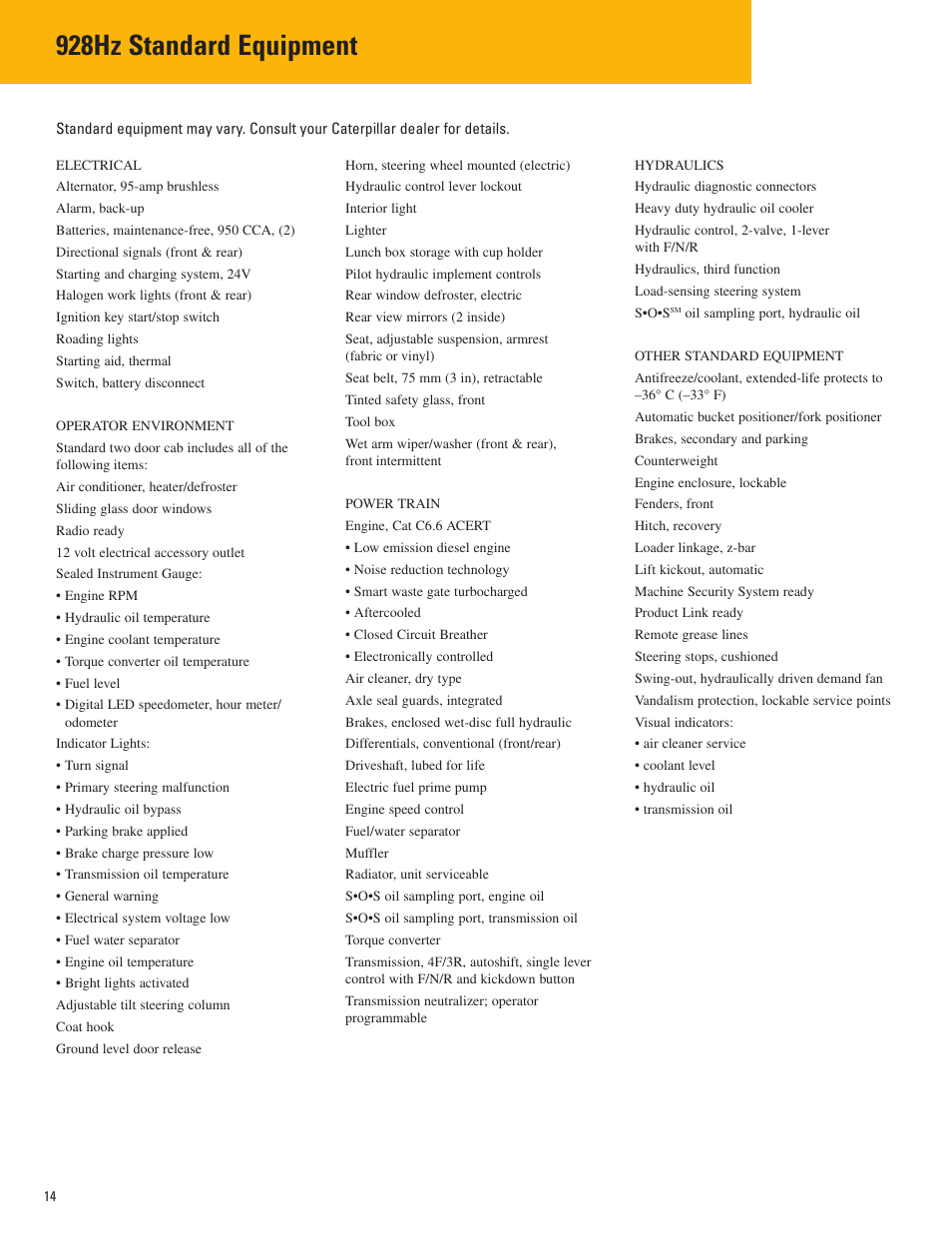 Standard equipment, 928hz standard equipment | Milton CAT 928Hz User Manual | Page 14 / 16