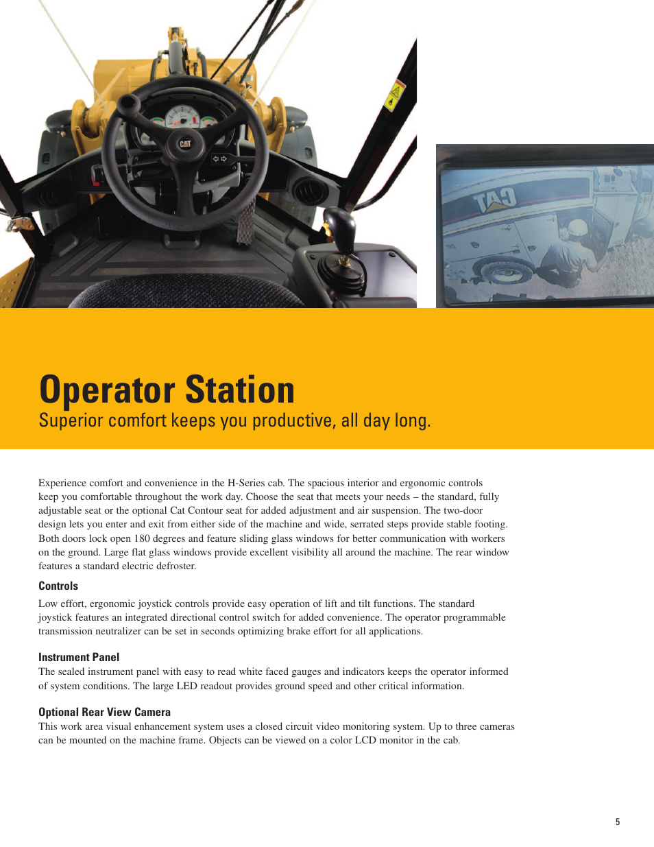 Operator station, Controls, Instrument panel | Optional rear view camera | Milton CAT 928Hz User Manual | Page 5 / 16