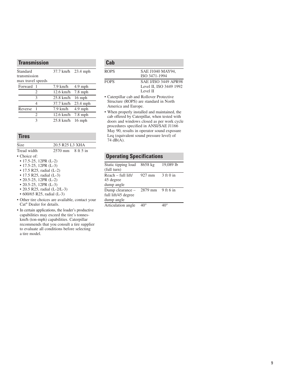 Transmission, Tires, Operating specifications | Milton CAT 928Hz User Manual | Page 9 / 16