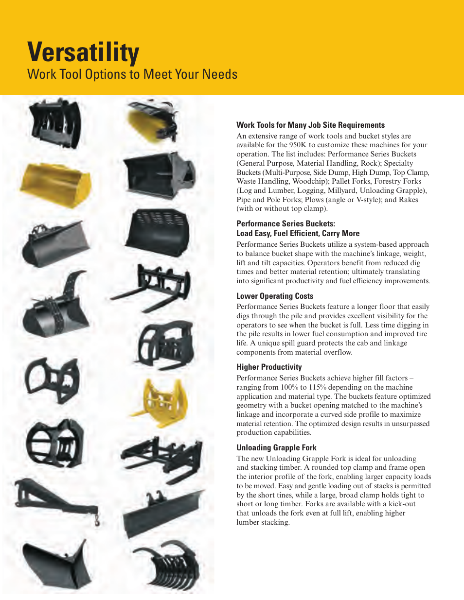 Versatility, Work tool options to meet your needs | Milton CAT 950K User Manual | Page 6 / 36