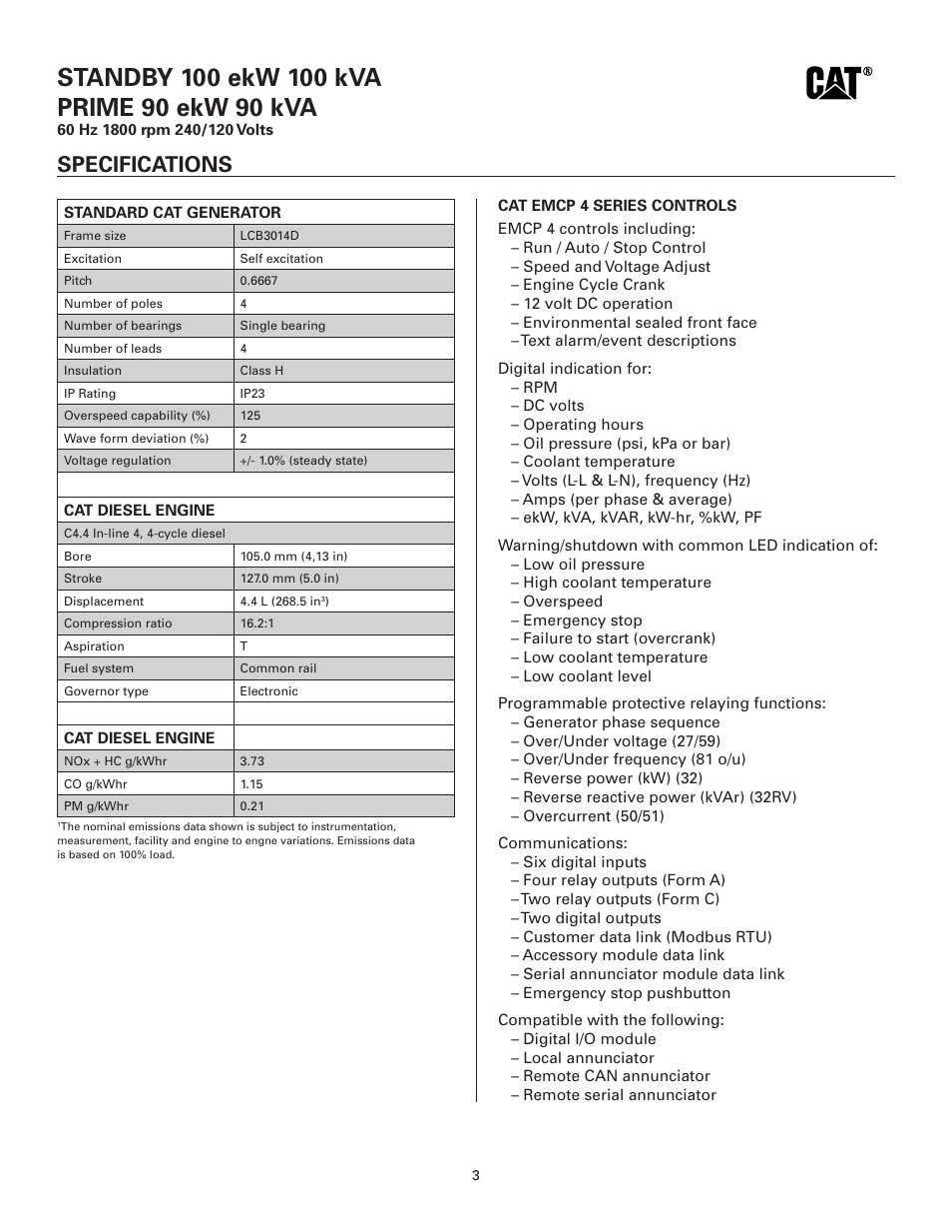 Specifications | Milton CAT D100-6S 100 kW Spec Sheet User Manual | Page 3 / 6