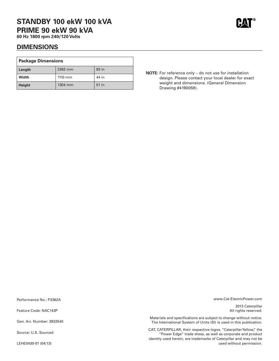 Dimensions | Milton CAT D100-6S 100 kW Spec Sheet User Manual | Page 6 / 6