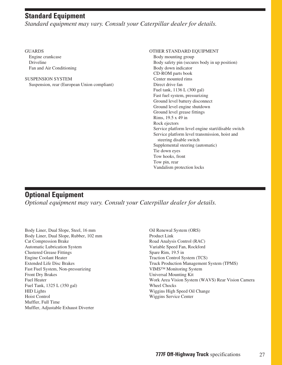 Standard equipment, Optional equipment | Milton CAT 777F User Manual | Page 27 / 28