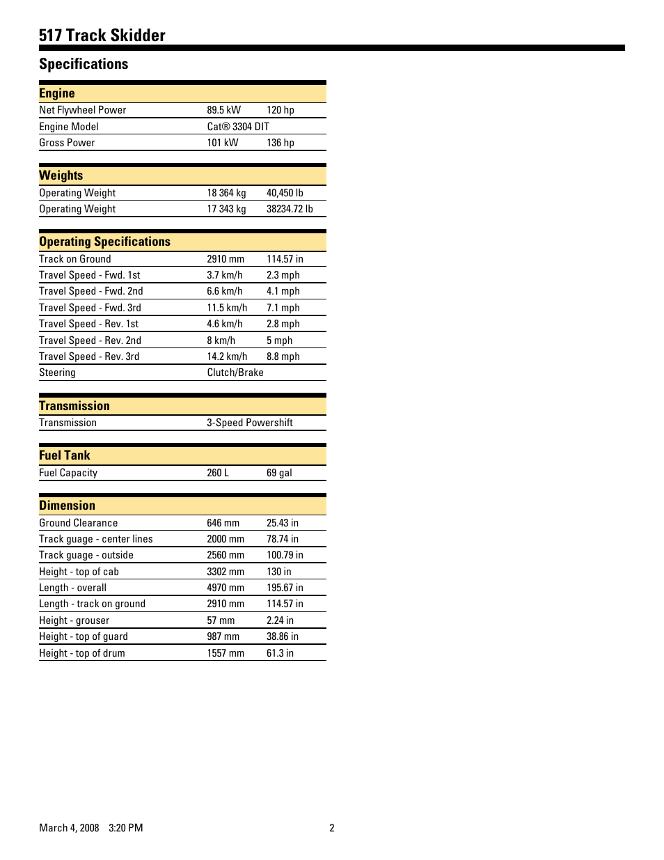 517 track skidder, Specifications | Milton CAT 517 User Manual | Page 2 / 5