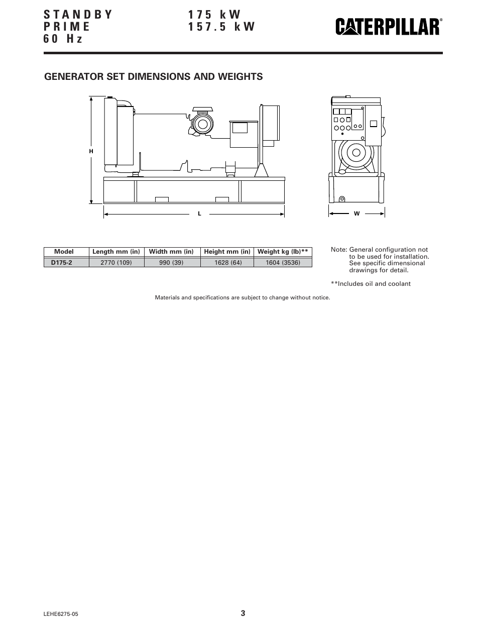 Generator set dimensions and weights | Milton CAT G175 LG4 Spec Sheet User Manual | Page 3 / 6