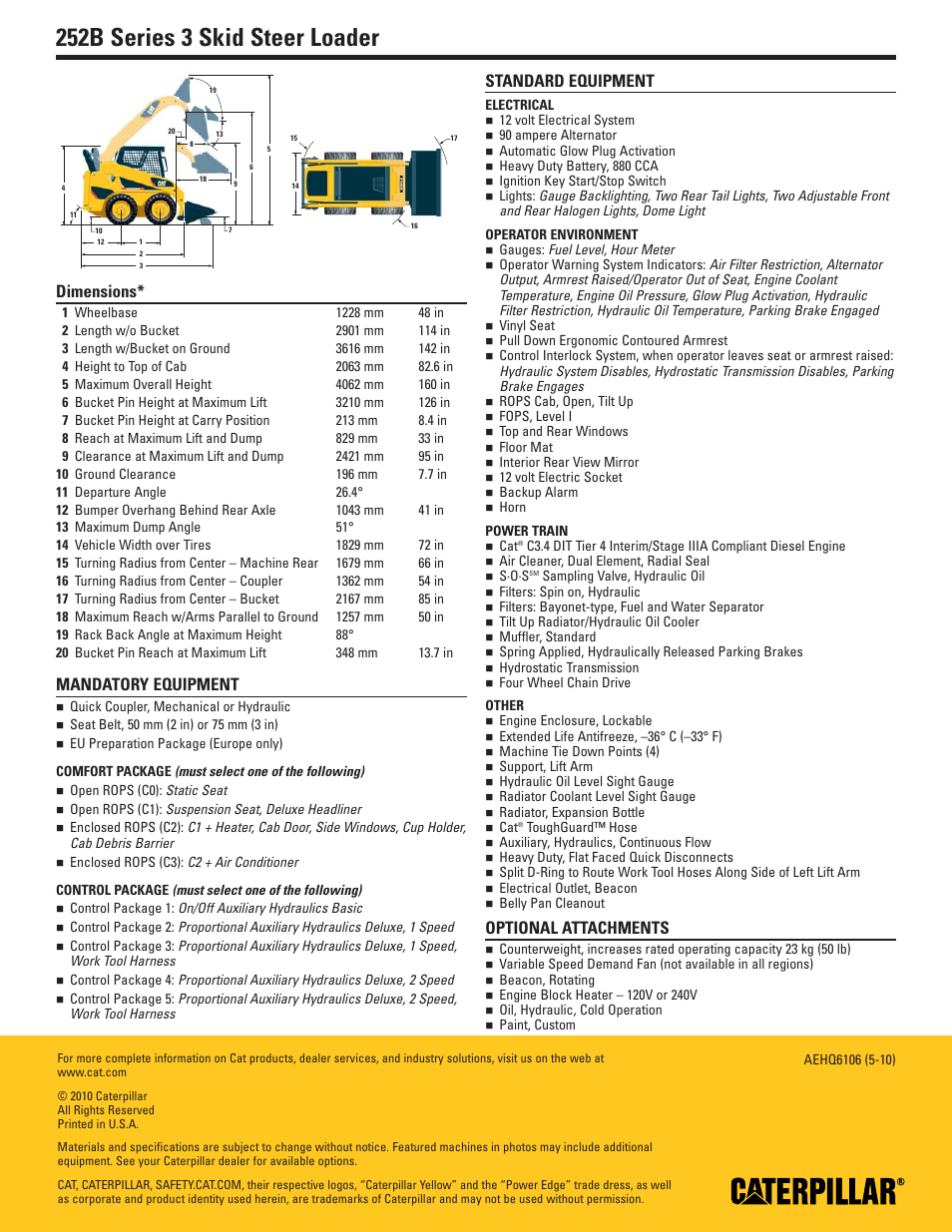Dimensions, Mandatory equipment, Comfort package | Control package, Standard equipment, Electrical, Operator environment, Power train, Other, Other attachments | Milton CAT 252B Series 3 User Manual | Page 2 / 2