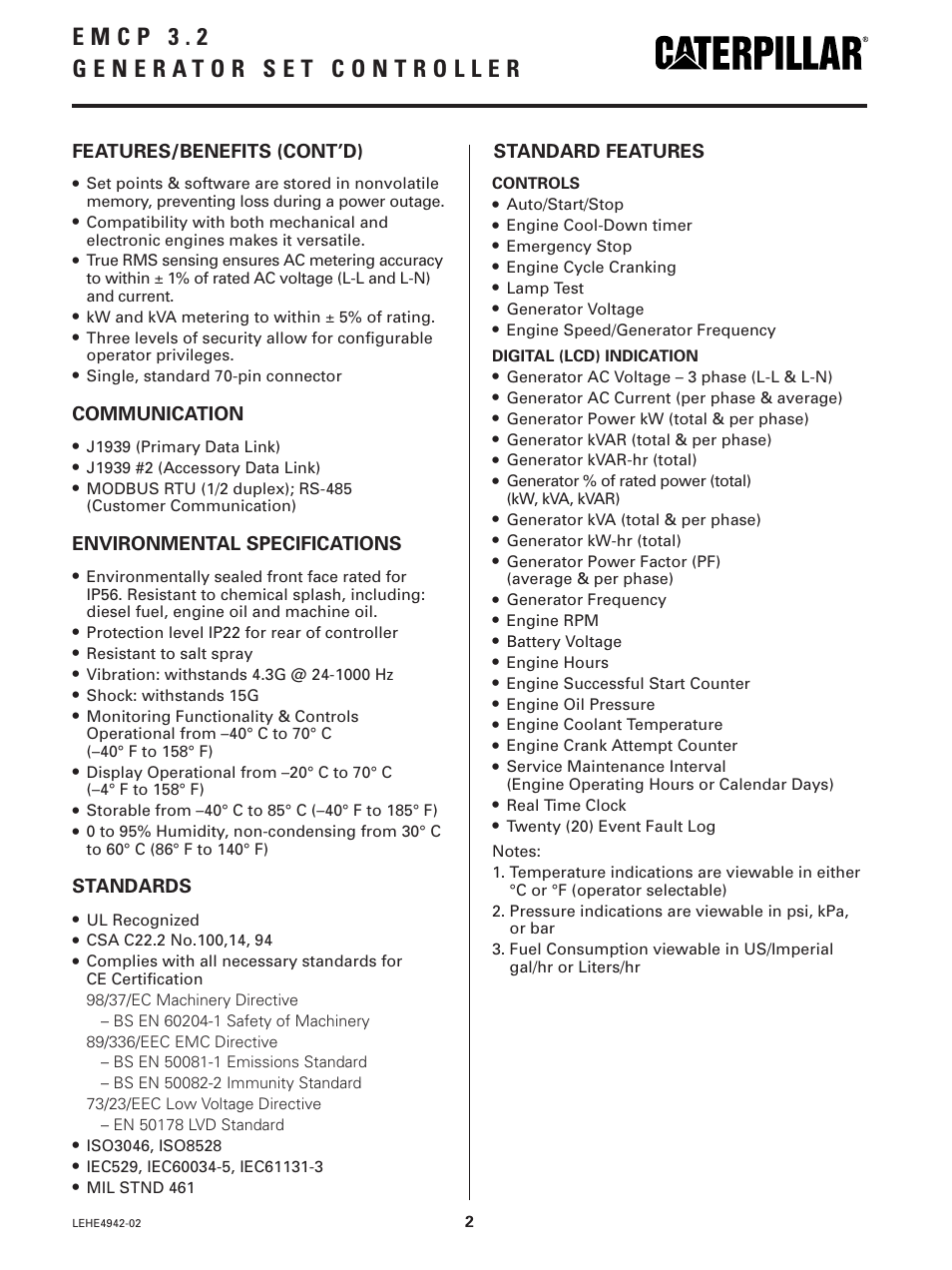 Communication, Environmental specifications, Standards | Features/benefits (cont’d) standard features | Milton CAT D175-2 175 kW Controller Specifications User Manual | Page 2 / 4