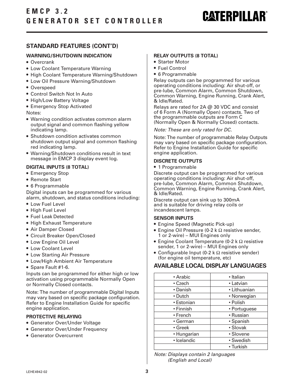 Milton CAT D175-2 175 kW Controller Specifications User Manual | Page 3 / 4