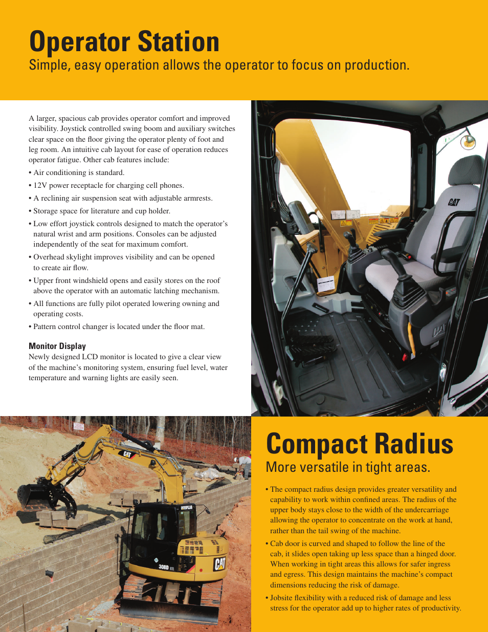 Operator station, Compact radius, More versatile in tight areas | Milton CAT 308D CR SB User Manual | Page 3 / 12