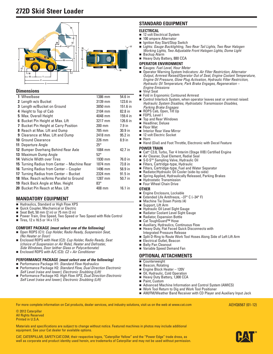 Dimensions, Mandatory equipment, Standard equipment | Optional attachments, 272d skid steer loader | Milton CAT 272D User Manual | Page 2 / 2