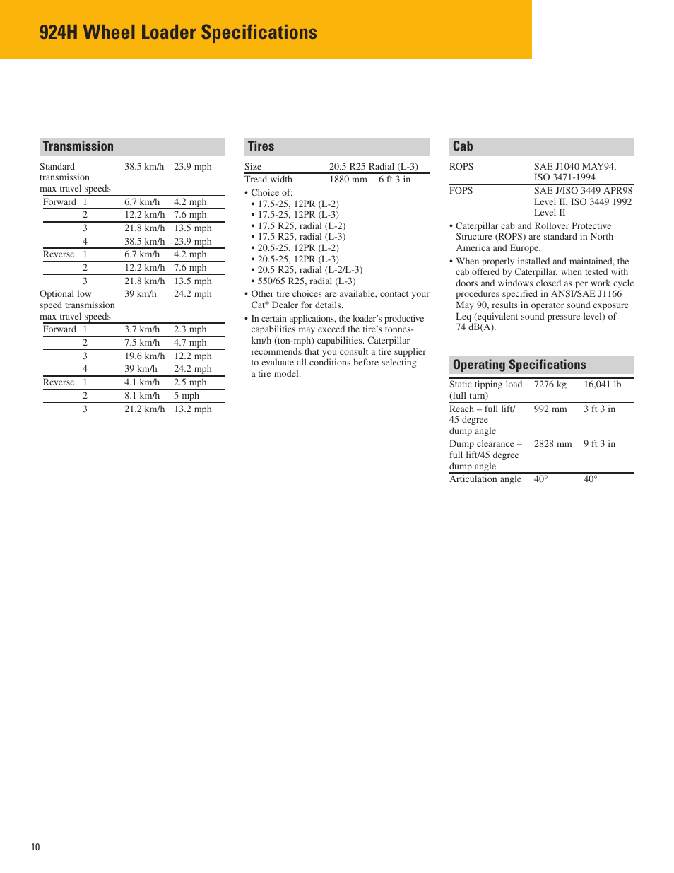 Transmission, Tires, Operating specifications | 924h wheel loader specifications | Milton CAT 924H User Manual | Page 10 / 20