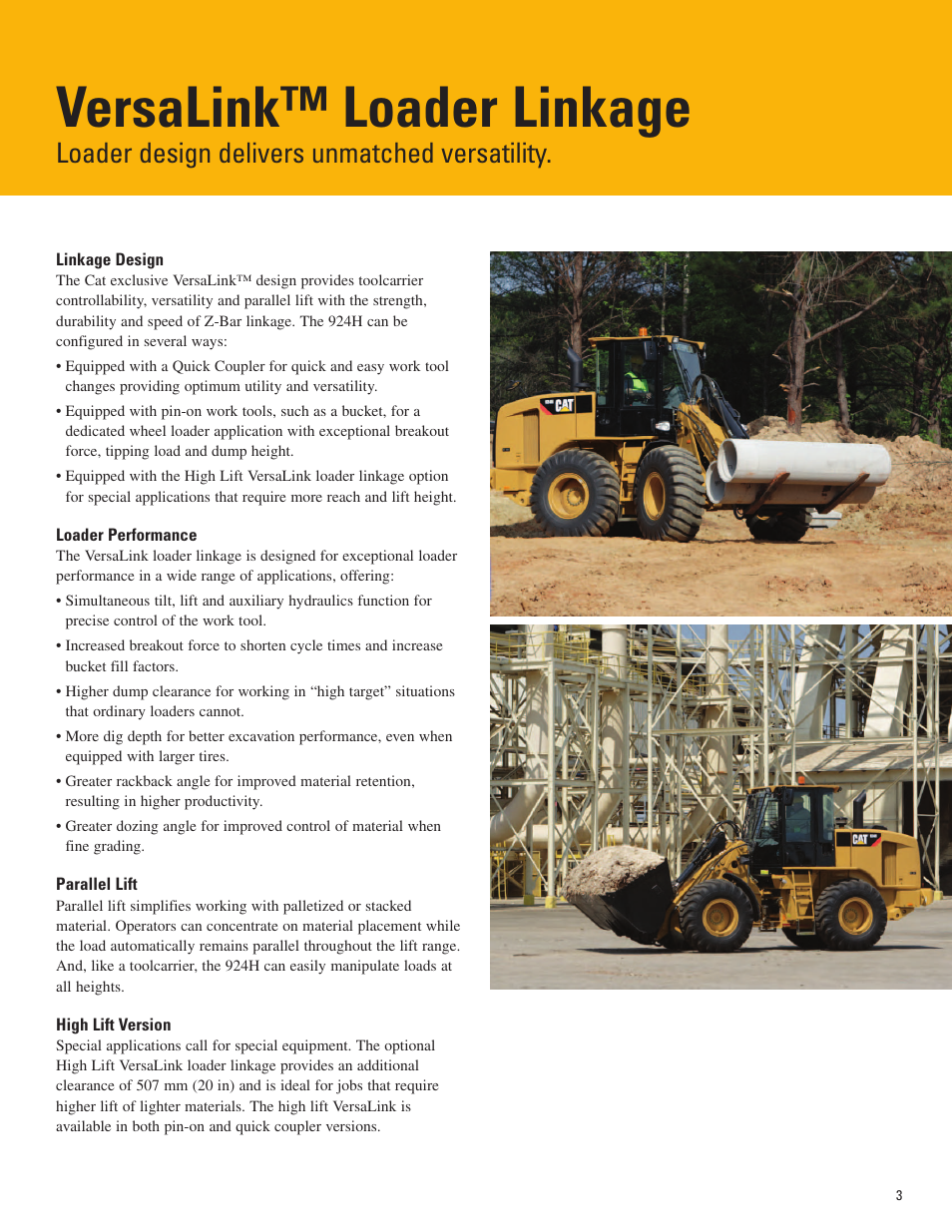 Versalink™ loader linkage, Linkage design, Loader performance | Parallel lift, High lift version, Loader design delivers unmatched versatility | Milton CAT 924H User Manual | Page 3 / 20