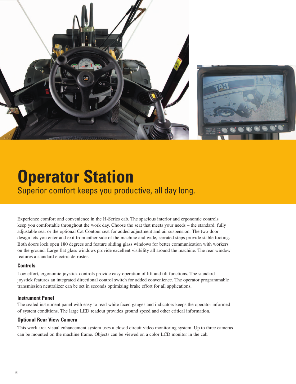 Operator station, Controls, Instrument panel | Optional rear view camera | Milton CAT 924H User Manual | Page 6 / 20