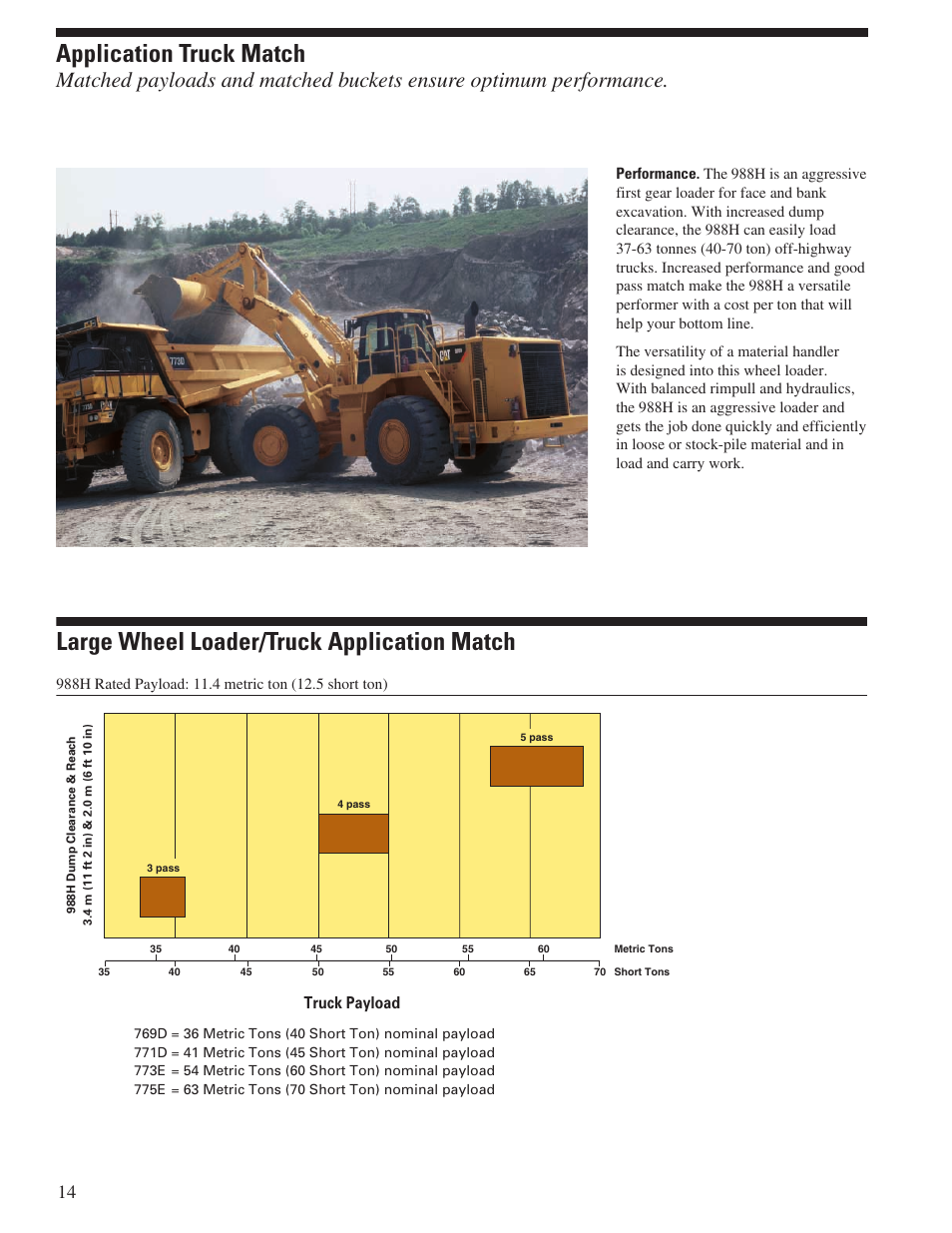 Application truck match, Large wheel loader/truck application match, Truck payload | Milton CAT 988H User Manual | Page 14 / 28