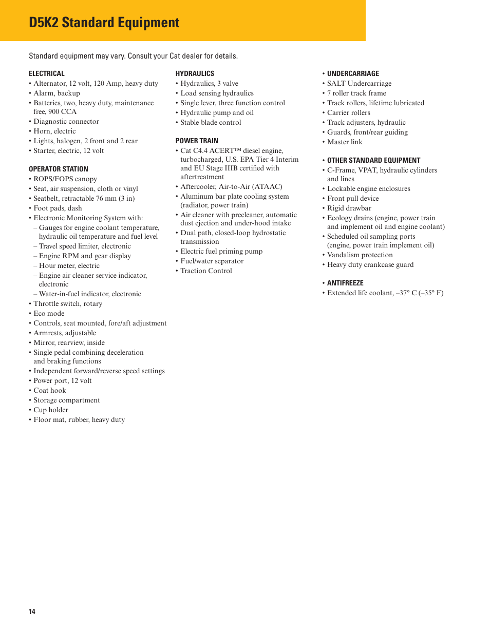 D5k2 standard equipment | Milton CAT D5K2 User Manual | Page 14 / 16