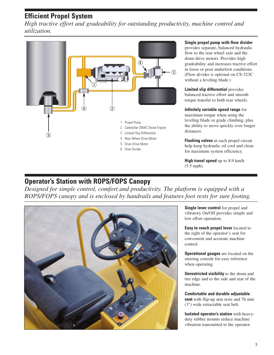 Efficient propel system, Operator's station, Operator’s station with rops/fops canopy | Milton CAT CP-323C User Manual | Page 5 / 12