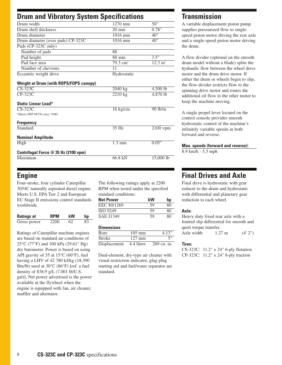 Drum and vibratory system specifications, Transmission, Engine | Final drives and axle, Engine drum and vibratory system specifications | Milton CAT CP-323C User Manual | Page 8 / 12