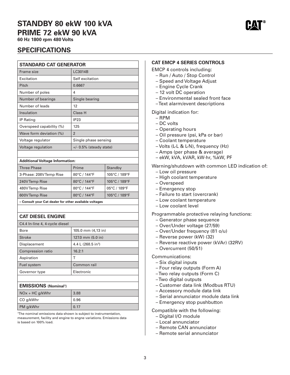 Specifications | Milton CAT D80-6 80kW Spec Sheet User Manual | Page 3 / 6