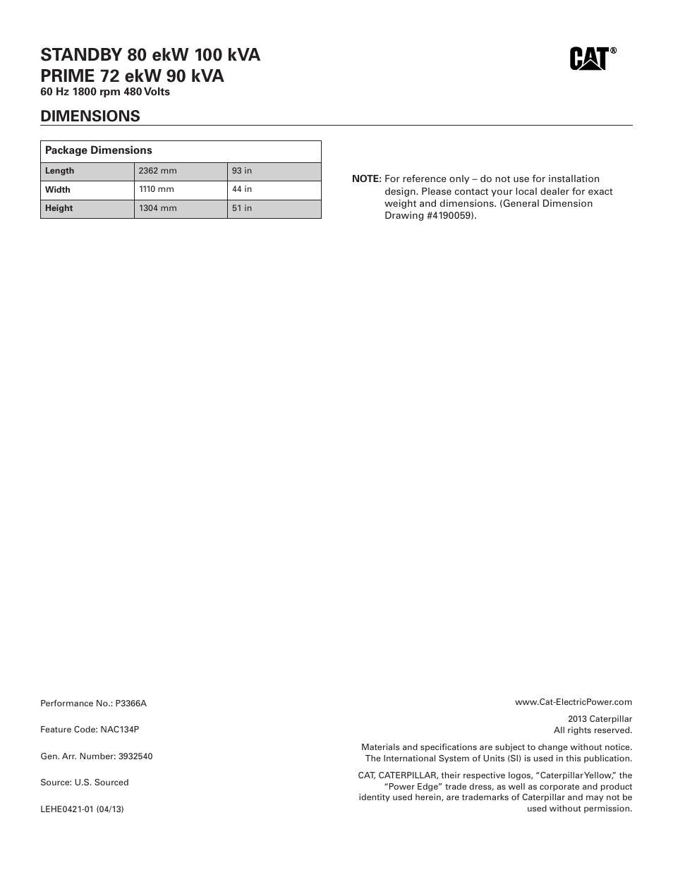 Dimensions | Milton CAT D80-6 80kW Spec Sheet User Manual | Page 6 / 6