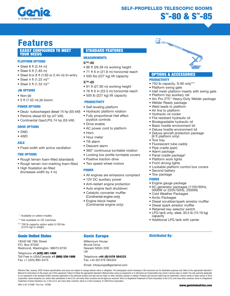 80 & s, Features, Self-propelled telescopic booms | Milton CAT S85 User Manual | Page 2 / 2