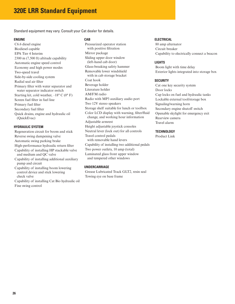 Standard equipment, 320e lrr standard equipment | Milton CAT 320E LRR User Manual | Page 26 / 28