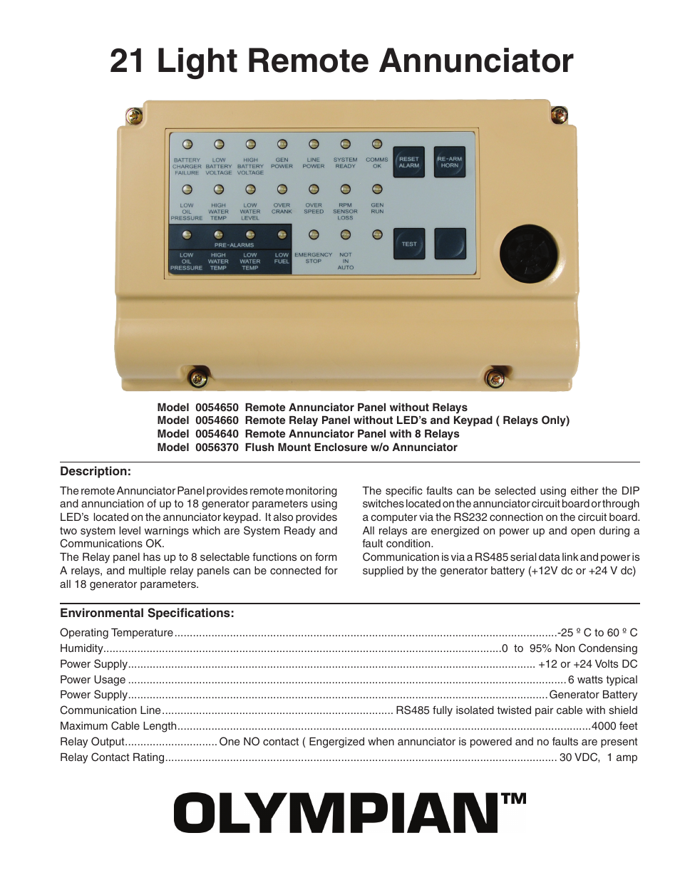 Milton CAT G200LG4 200kW_250kVA 21 Light Remote Annunciator User Manual | 2 pages