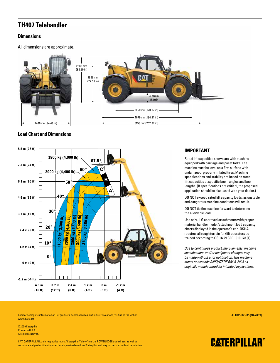 Th407 telehandler, Dimensions, Load chart and dimensions | Important | Milton CAT TH407 User Manual | Page 2 / 2