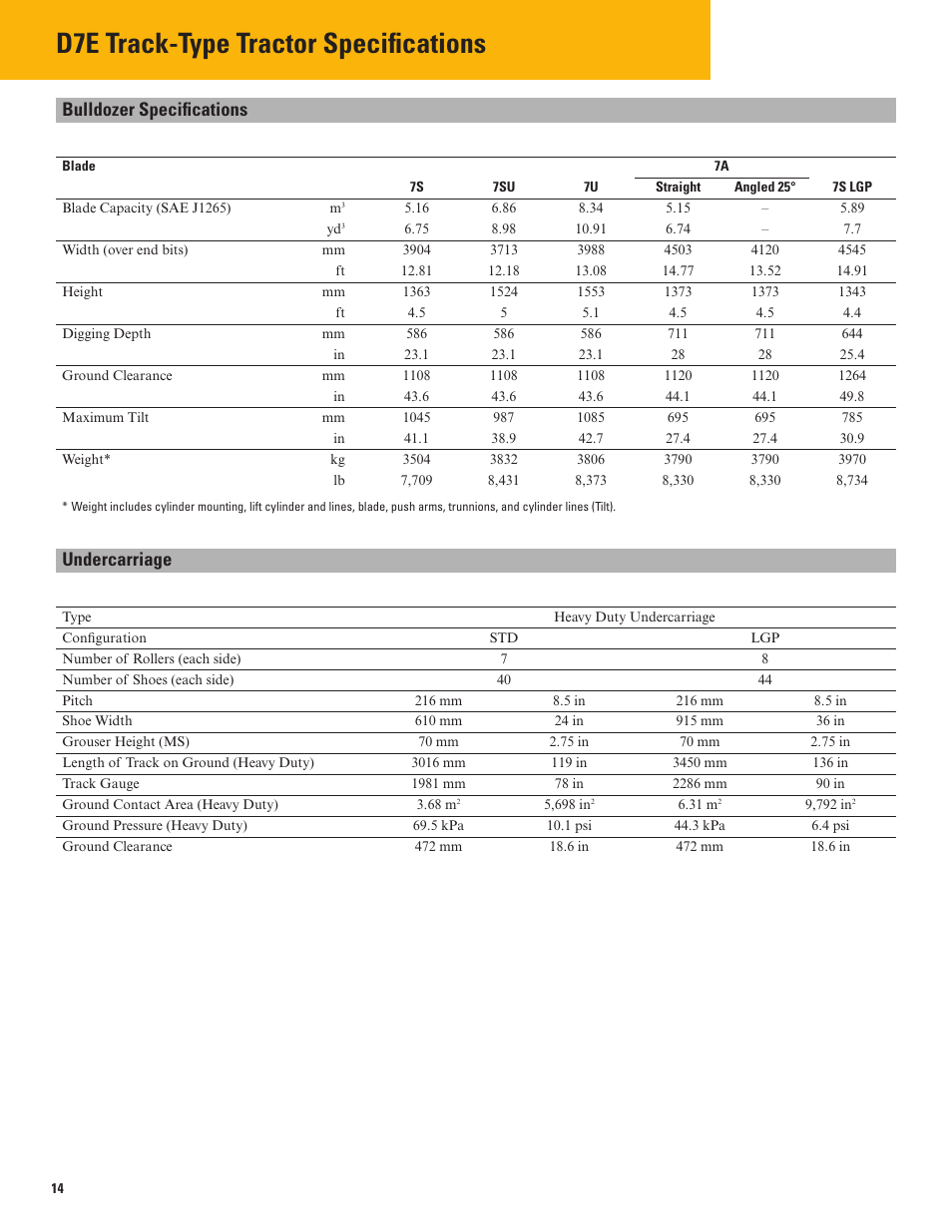 D7e track-type tractor specifi cations, Bulldozer specifications, Undercarriage | Milton CAT D7E Tier 4 Interim-Stage IIIB User Manual | Page 14 / 16