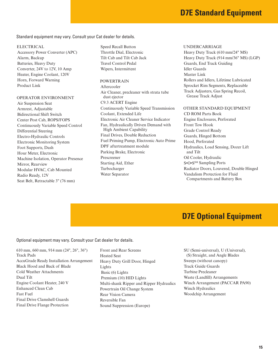 D7e standard equipment, D7e optional equipment | Milton CAT D7E Tier 4 Interim-Stage IIIB User Manual | Page 15 / 16