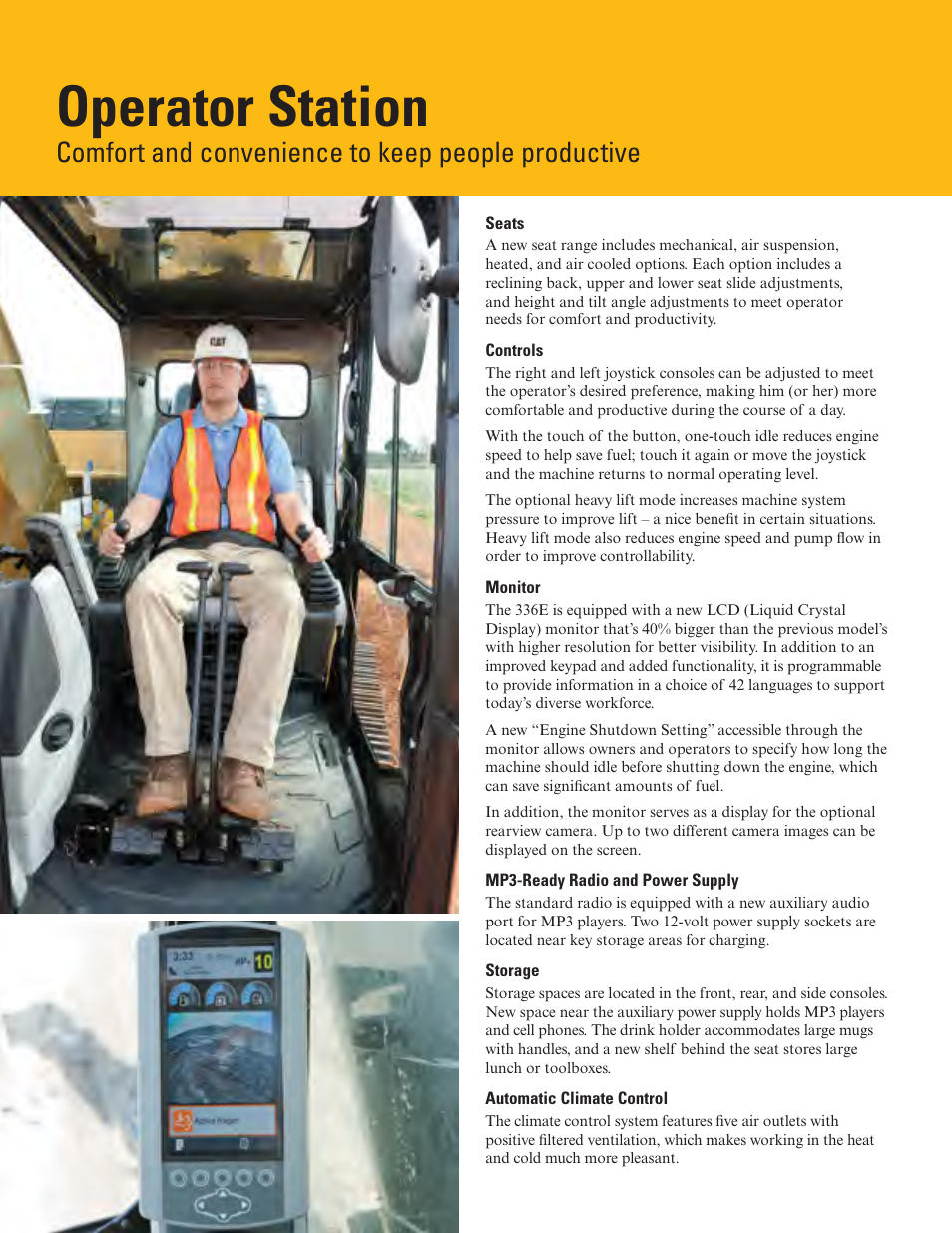 Operator station, Comfort and convenience to keep people productive | Milton CAT 336E L User Manual | Page 4 / 32