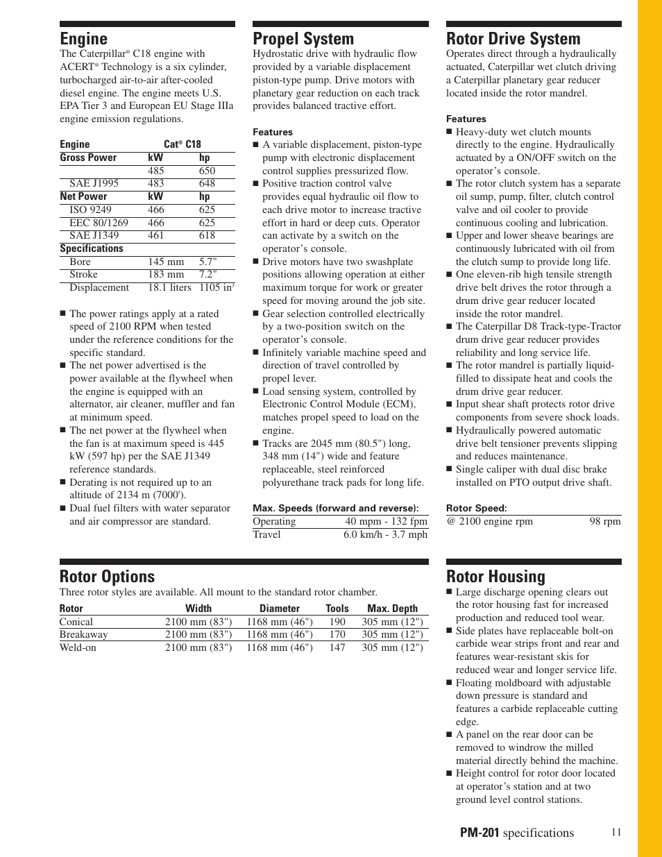 Engine, Propel system, Rotor drive system | Rotor housing, Rotor options, Pm-201 specifications | Milton CAT PM 201 User Manual | Page 11 / 16