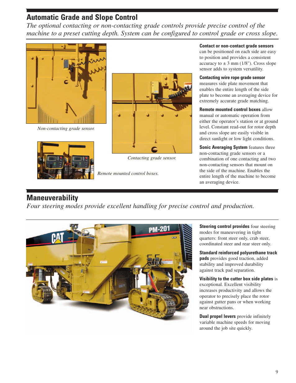 Automatic grade and slope control, Maneuverability | Milton CAT PM 201 User Manual | Page 9 / 16