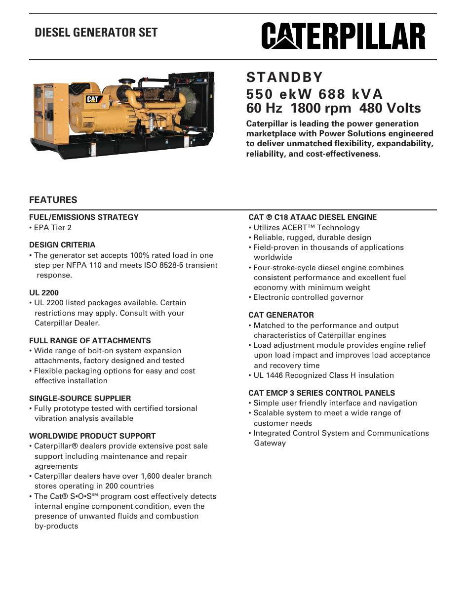Milton CAT C18 550 kW 688 kVA 60 Hz 1800 rpm 480 Volts Spec Sheet User Manual | 6 pages