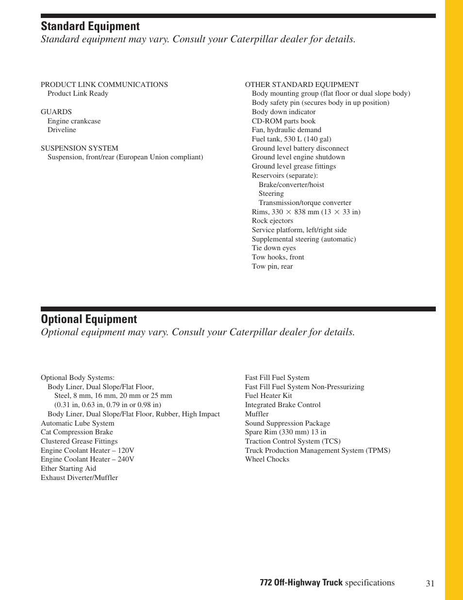 Standard equipment, Optional equipment | Milton CAT 772 User Manual | Page 31 / 32