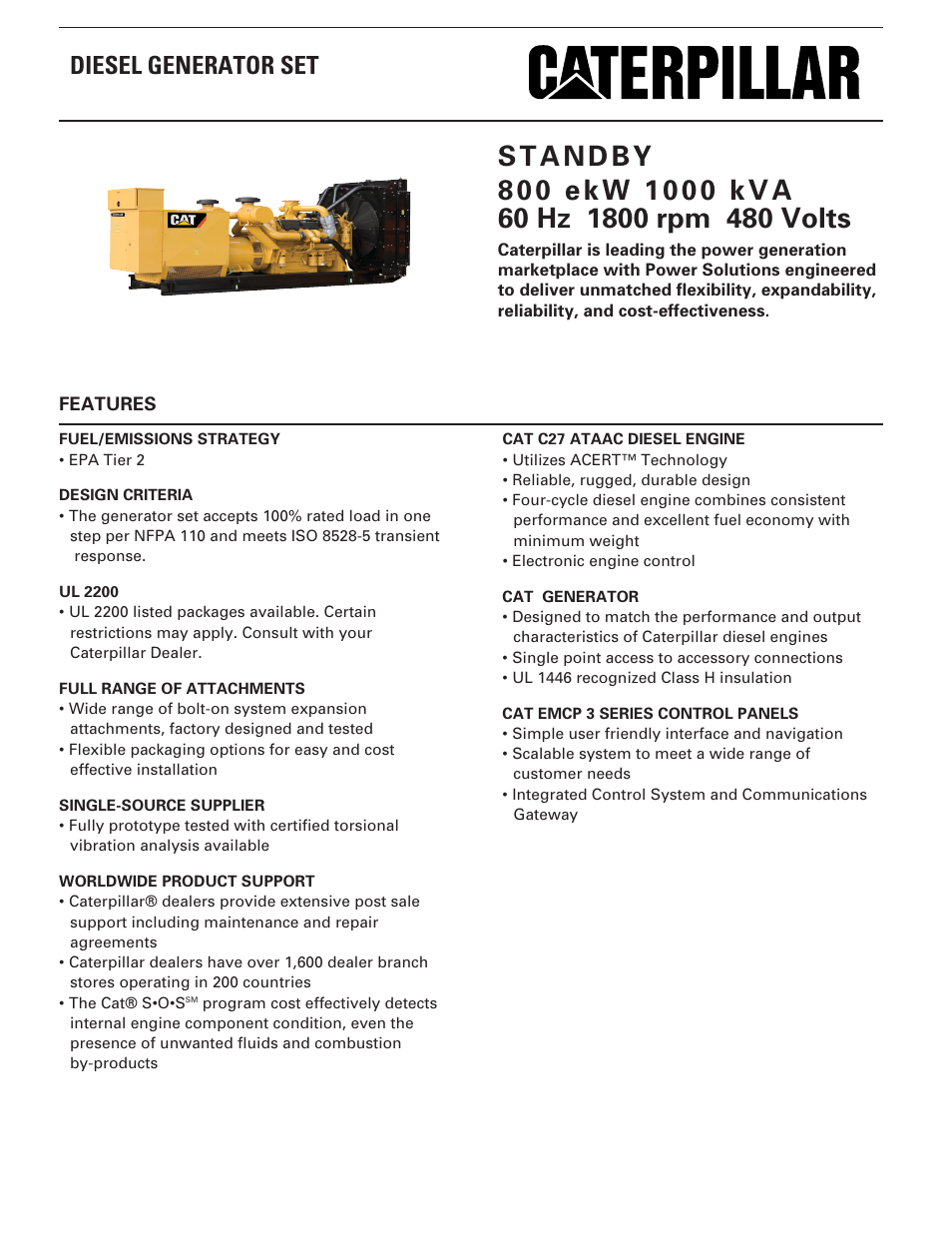 Milton CAT C27 800 kW 1000 kVA 60 Hz 1800 rpm 480 Volts Spec Sheet User Manual | 6 pages