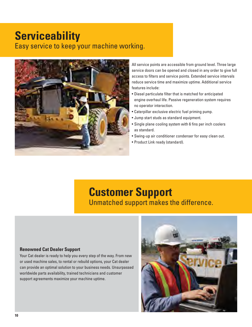 Serviceability, Customer support, Wheel loader specifications | Engine, Engine power and torque, Easy service to keep your machine working, Unmatched support makes the difference | Milton CAT 938K User Manual | Page 10 / 36