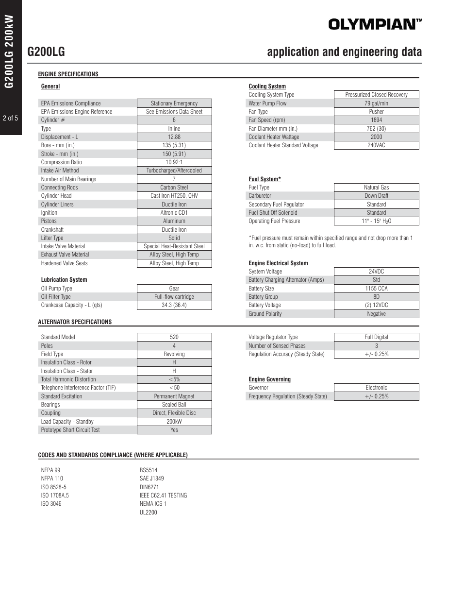 G200lg application and engineering data | Milton CAT G200LG4 200kW_250kVA Spec Sheet User Manual | Page 2 / 5