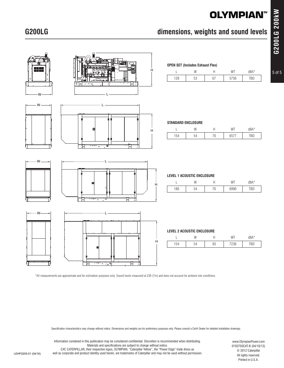 G200lg dimensions, weights and sound levels | Milton CAT G200LG4 200kW_250kVA Spec Sheet User Manual | Page 5 / 5