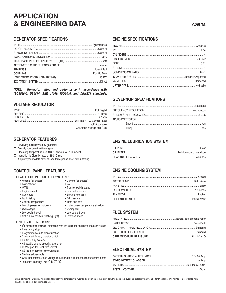 Application & engineering data, Generator specifications, Engine specifications | Governor specifications, Engine lubrication system, Engine cooling system, Fuel system, Electrical system, Generator features, Voltage regulator | Milton CAT G25LTA 25 kW Spec Sheet User Manual | Page 2 / 4