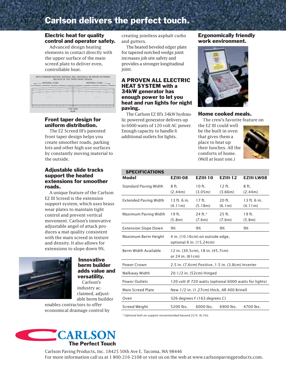 Carlson delivers the perfect touch, Front taper design for uniform distribution, Innovative berm builder adds value and versatility | The perfect touch | Milton CAT Carlon EZ Screed III Series User Manual | Page 2 / 2