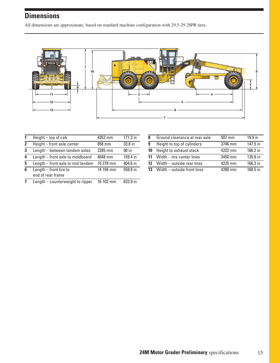 Dimensions, 15 24m motor grader preliminary specifications | Milton CAT 24M User Manual | Page 15 / 20