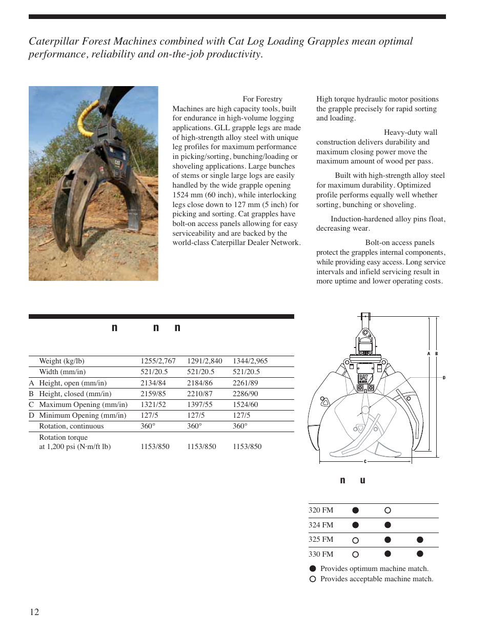 Caterpillar grapples, Gll specifications/dimensions, Matching guide | Milton CAT 325D FM User Manual | Page 12 / 24