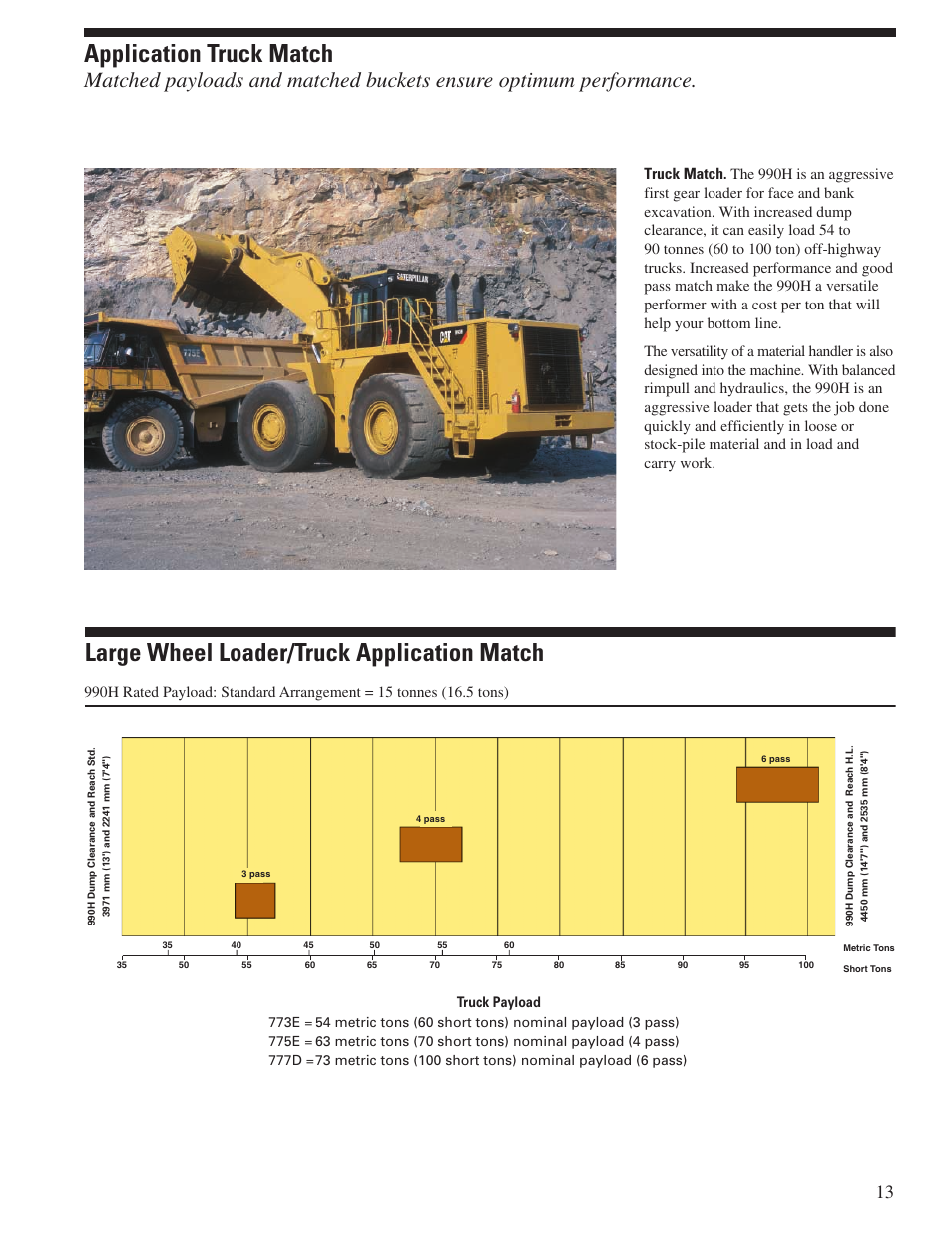 Application truck match, Large wheel loader/truck application match | Milton CAT 990H User Manual | Page 13 / 28