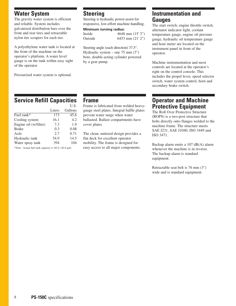 Water system, Steering, Instrumentation and gauges | Service refill capacities, Frame, Operator and machine protective equipment | Milton CAT PS150C User Manual | Page 8 / 16