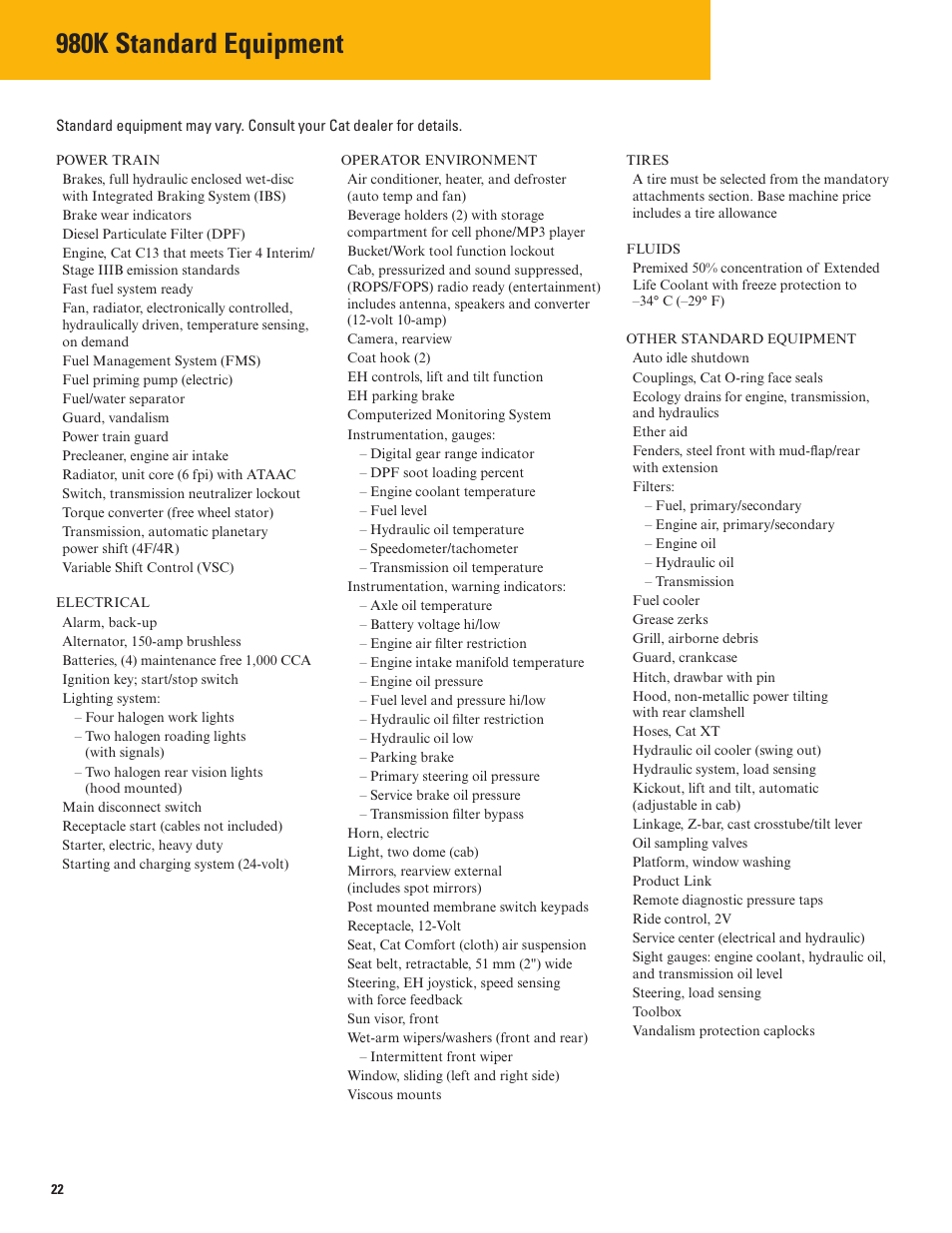 Standard equipment, 980k standard equipment | Milton CAT 980K User Manual | Page 22 / 24