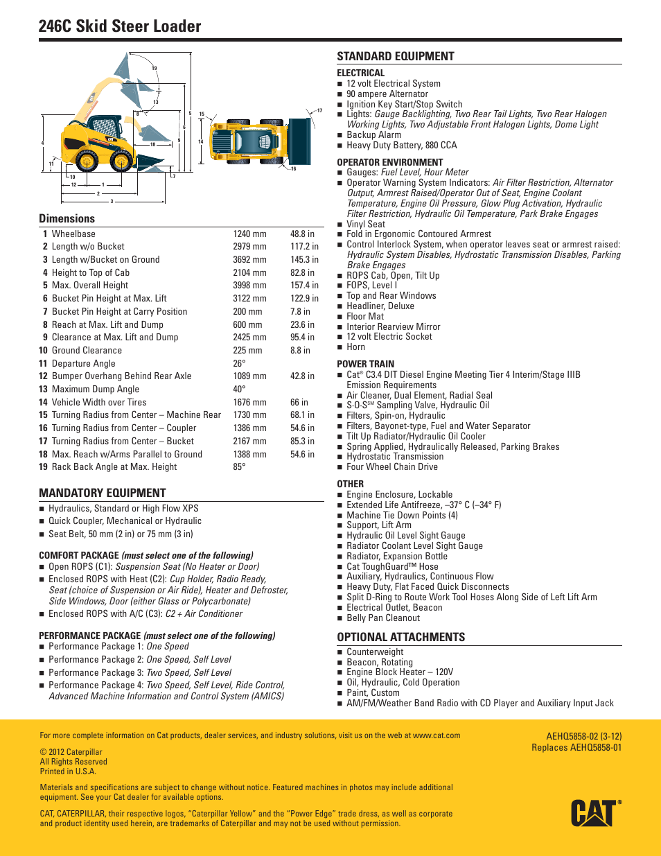 Dimensions, Mandatory equipment, Standard equipment | Optional attachments, 246c skid steer loader | Milton CAT 246C User Manual | Page 2 / 2