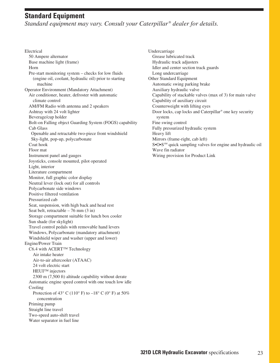 Standard equipment, Dealer for details | Milton CAT 321 D LCR User Manual | Page 23 / 28