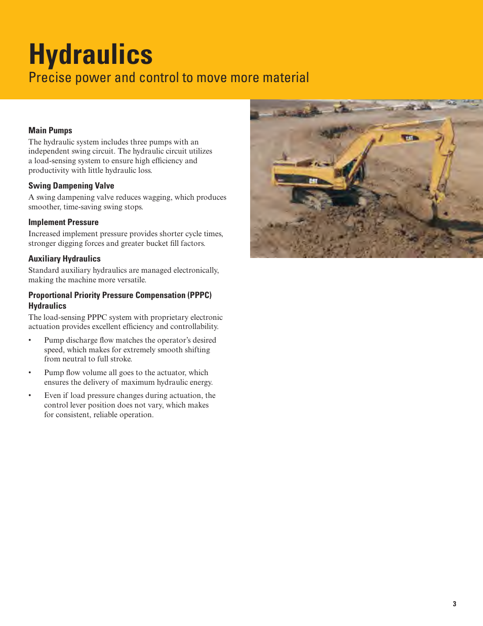 Hydraulics, Precise power and control to move more material | Milton CAT 390D L User Manual | Page 3 / 28
