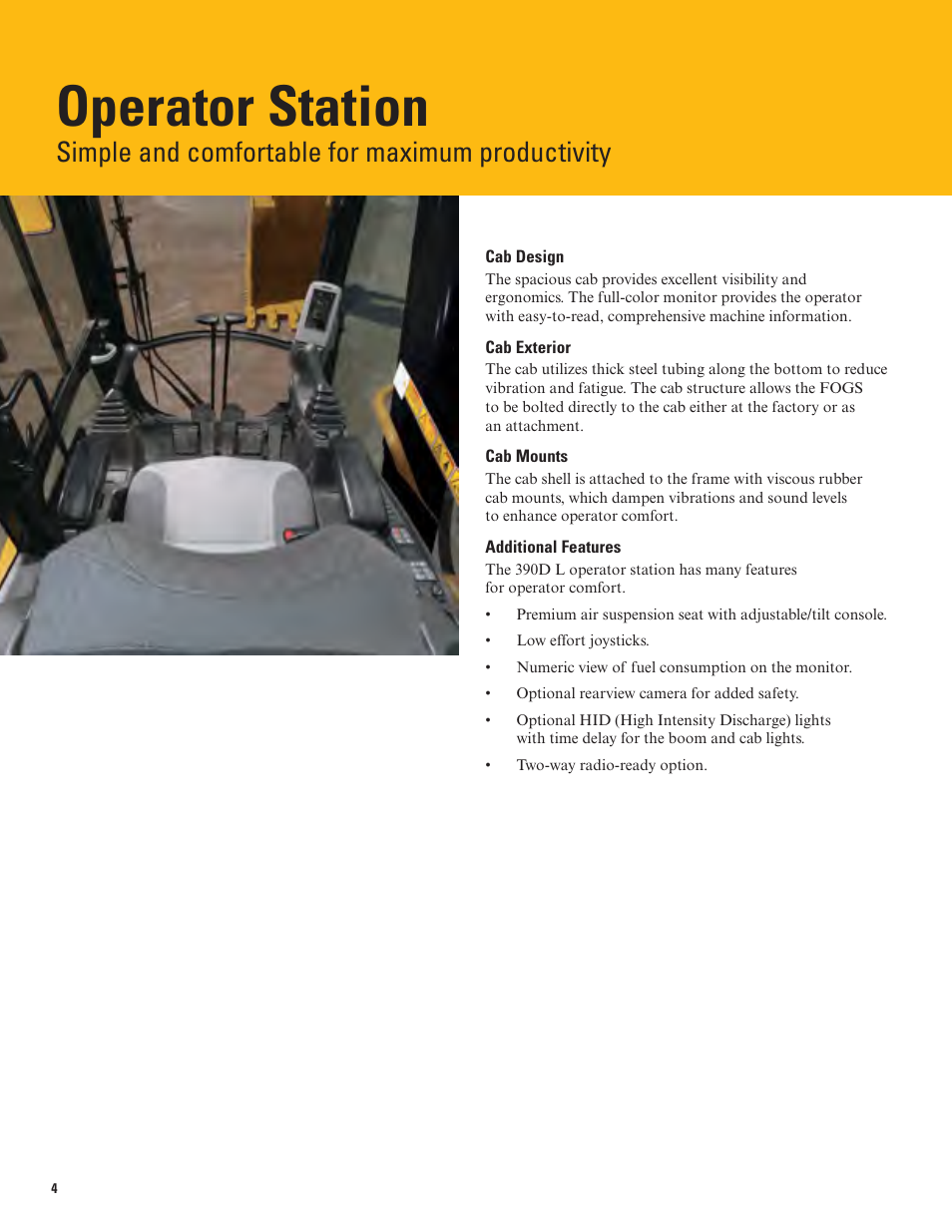 Operator station, Simple and comfortable for maximum productivity | Milton CAT 390D L User Manual | Page 4 / 28